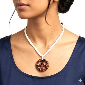 ARTISAN NECKLACE Glass Pendant Peace Sign Orange/Blue White Rope Chain VINTAGE
